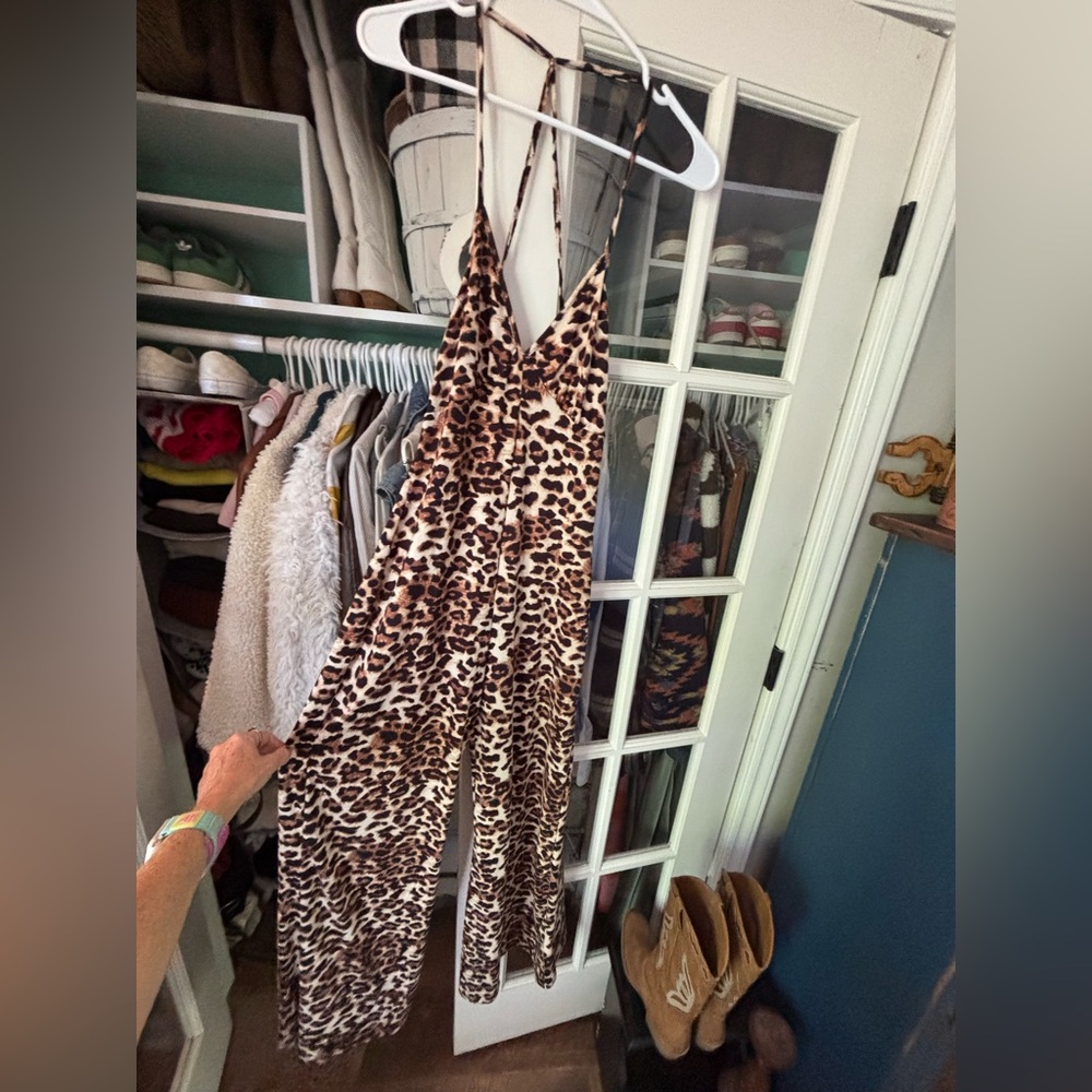 SHEIN Jumpsuit Womens Size S Leopard Print Wide Leg Cross Back